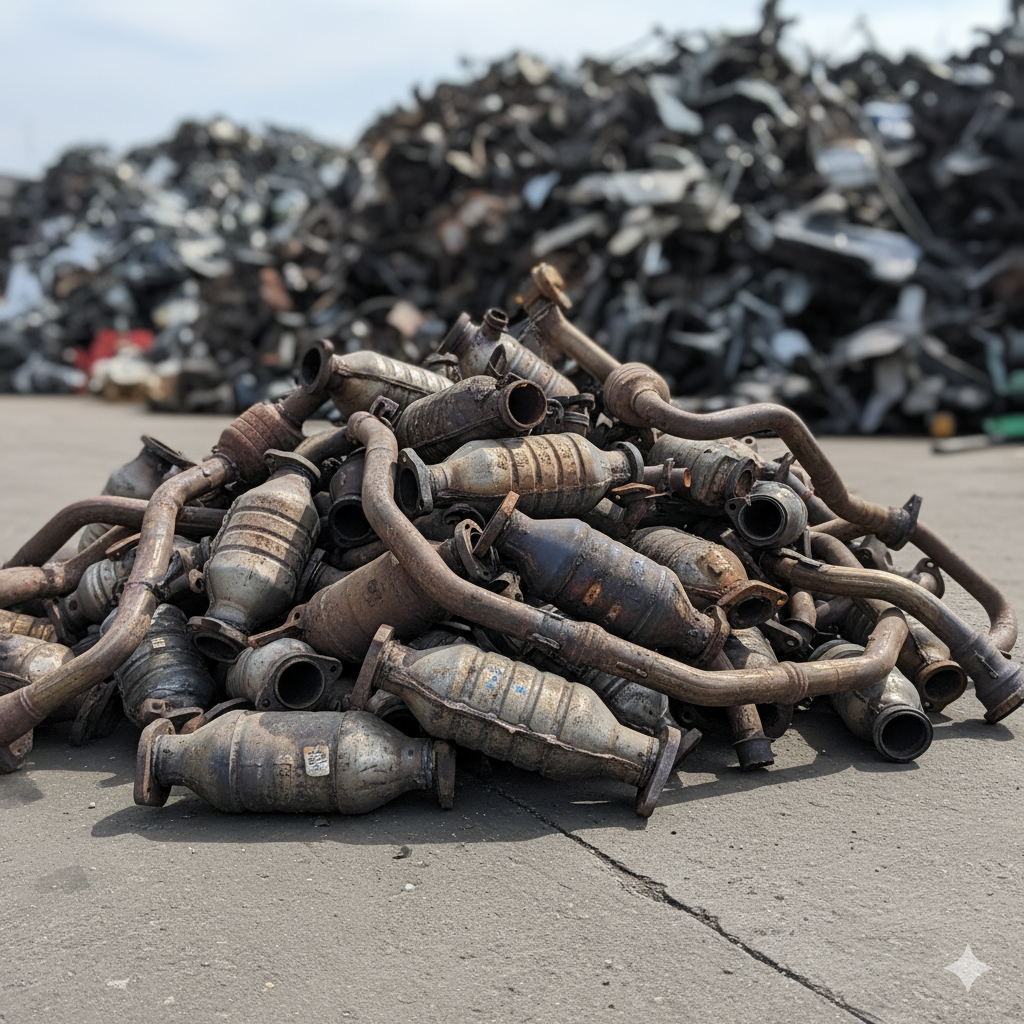 Plac skupu złomu, na środku placu sterta katalizatorów. 