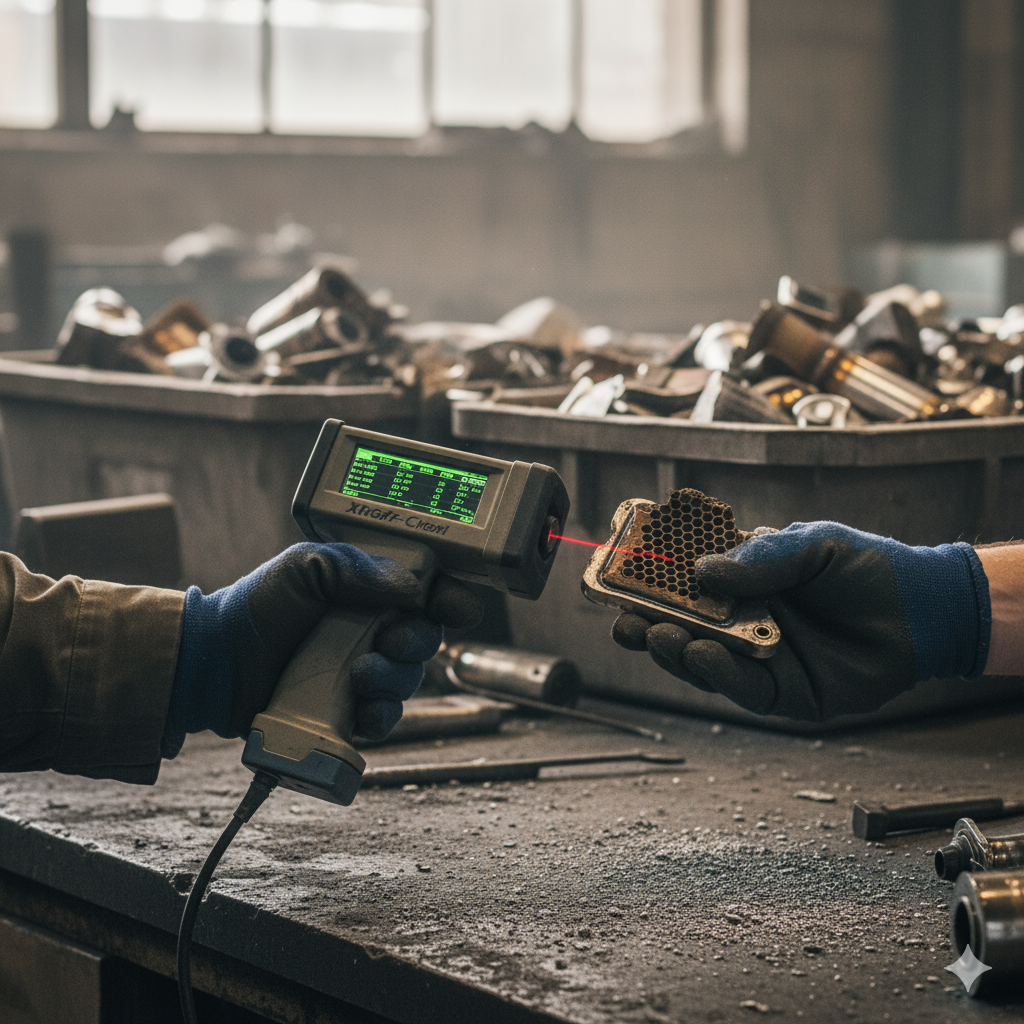 Zbliżenie na dłonie w roboczych rękawicach, trzymające fragment katalizatora i ręczny spektrometr XRF, którego laser skanuje ceramiczny monolit. W tle widoczny ekran urządzenia z danymi oraz kontenery z odpadami metalowymi.