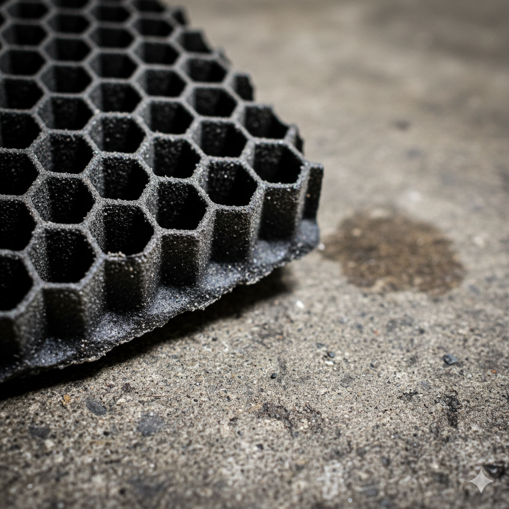 Część katalizatora - ceramiczny element z rozpoznawalnym wzorem plastra miodu, na nim mikroskopijne cząstki rodu.