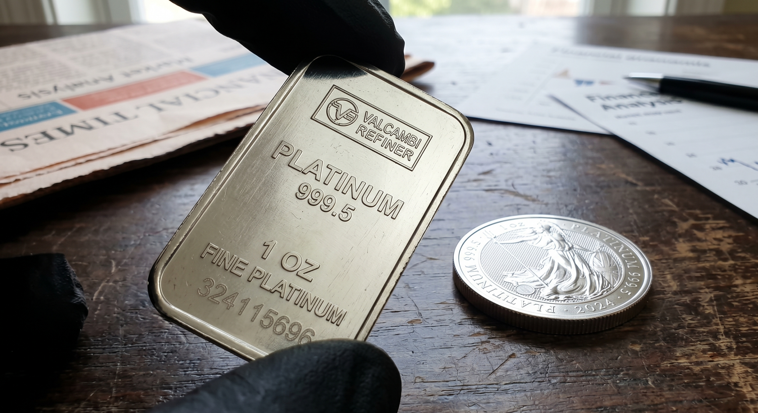 Zdjęcie przedstawia sztabkę platyny, o wysokiej jej czystości. W tle leży moneta kolekcjonerska platynowa.