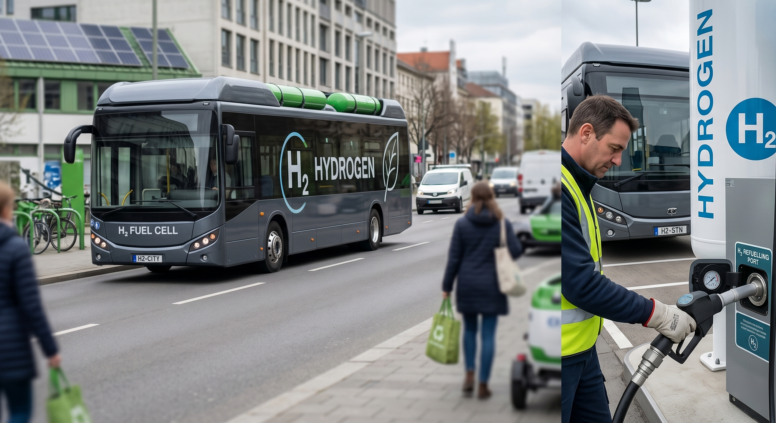 Na zdjęciu widoczny jest nowoczesny autobus napędzany wodorem, obok również scenka z tankowania autobusu w stacji wodorowej. 
