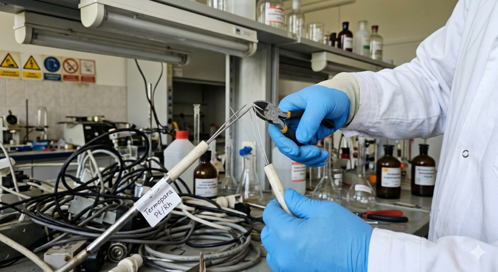 Na zdjęciu przykład demontażu sprzętu - termopary, w laboratorium.